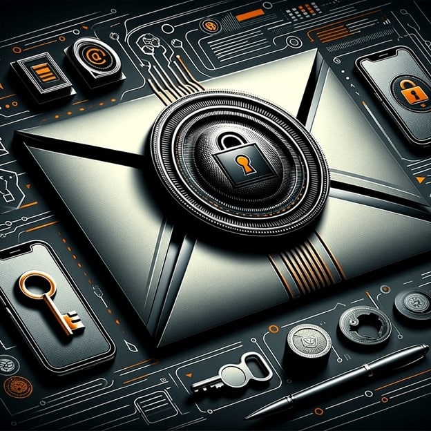 Illustration numérique d'un cadenas centralisé symbolisant la sécurité, entouré de circuits électroniques stylisés et d'icônes de sécurité incluant des clés, un bouclier, un stylo et des éléments de code binaire, le tout rendu dans un schéma de couleurs métalliques et orange sur un fond sombre.