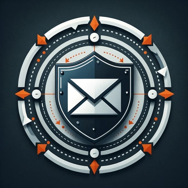 The image depicts a stylized representation of an email security concept of SPF (Sender Policy Framework). At the center is a metallic shield with a mail envelope icon on it, suggesting protection of email communication. The shield appears robust, with rivet details and shading that gives it a 3D effect. Surrounding the shield are multiple concentric circles with various security-related symbols like check marks, arrows, and lines, which could represent layers of security measures or scanning processes. The background is a dark navy color which contrasts with the grey and silver tones of the shield and circles, enhancing the idea of advanced digital security. The overall design has a modern and digital feel, conveying the concept of a fortified and secure email system.