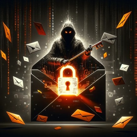 Conceptual illustration depicting the threat of ransomware via email, featuring a shadowy figure holding an orange-highlighted lock, emerging from an open email envelope. The background is adorned with digital binary code, accented in orange, against a backdrop of black, white, and grey, symbolizing the digital nature of the threat. Scattered around are floating emails, illustrating the distribution method of ransomware. The use of orange highlights emphasizes the danger and urgency of the cybersecurity threat.