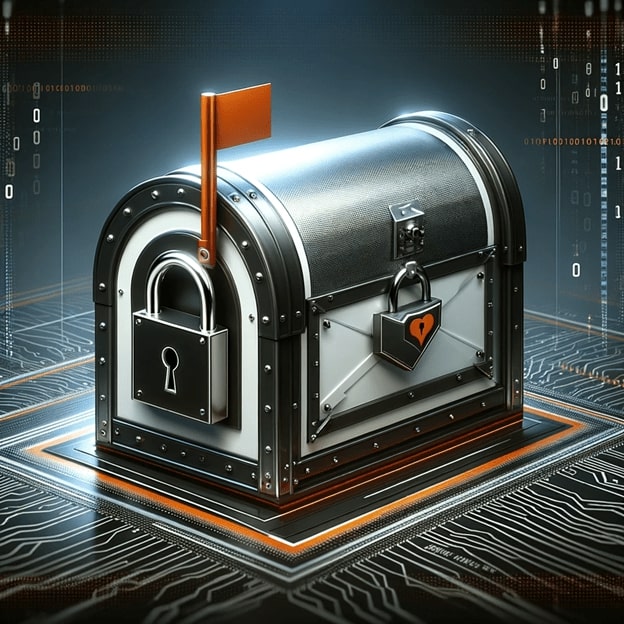 Digital illustration of a secure email mailbox, symbolizing robust email security. The mailbox, resembling a traditional postal box, is made of metal with a black and grey color scheme, enhanced with orange accents. It's secured with a large padlock featuring a heart symbol, indicative of Secure Email Gateways protecting against phishing attacks. Set against a backdrop of digital binary code, the image reflects the importance of implementing strong cybersecurity measures to safeguard digital communications.
