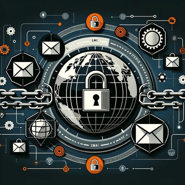 Illustration du concept de sécurité mondiale des e-mails avec un globe numérique entouré de chaînes et de cadenas, entouré d'icônes d'e-mails, d'engrenages de sécurité et de circuits numériques, symbolisant les mesures de protection du DMARC dans la communication cybernétique.